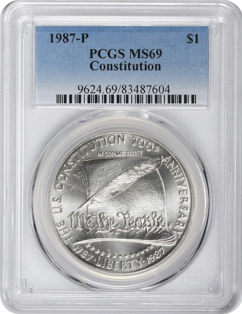 PCGS MS69 1987-P Constitution Silver Dollar Commemorative Coin: PCGS MS69 1987-P Constitution Silver Dollar Commemorative Coin This is a 1987-P Constitution Silver Commemorative Dollar, issued to honor the 200th anniversary of the United States Constitution. The c