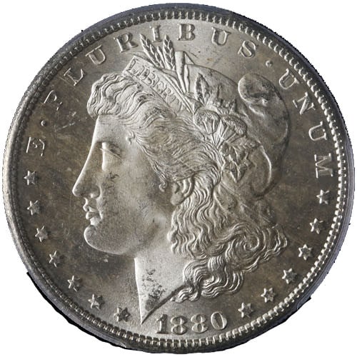1880-S Morgan Silver Dollar PCGS MS66 Blazing White Gem Coin: 1880-S Morgan Silver Dollar PCGS MS66 Blazing White Gem Coin This 1880-S Morgan Silver Dollar is a stunning example, certified by PCGS with a remarkable grade of MS66. It features a blazing white fini