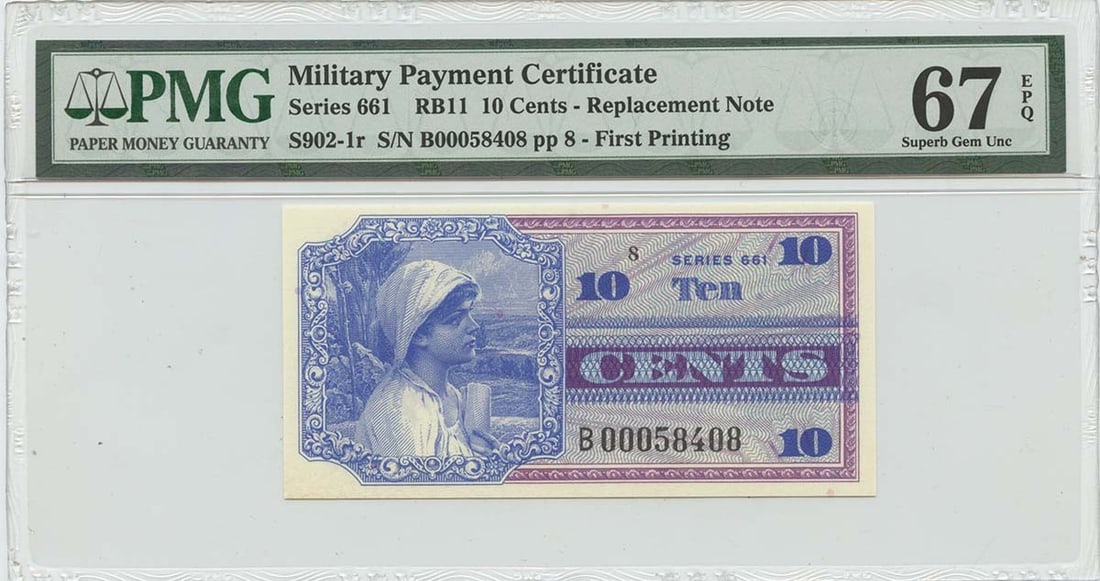 Series 661 Military Payment Certificate 10 Cents PMG 67 Superb Gem UNC: Series 661 Military Payment Certificate 10 Cents PMG 67 Superb Gem UNC This is a Military Payment Certificate with a denomination of 10 cents from Series 661. It has been certified by PMG with a grade