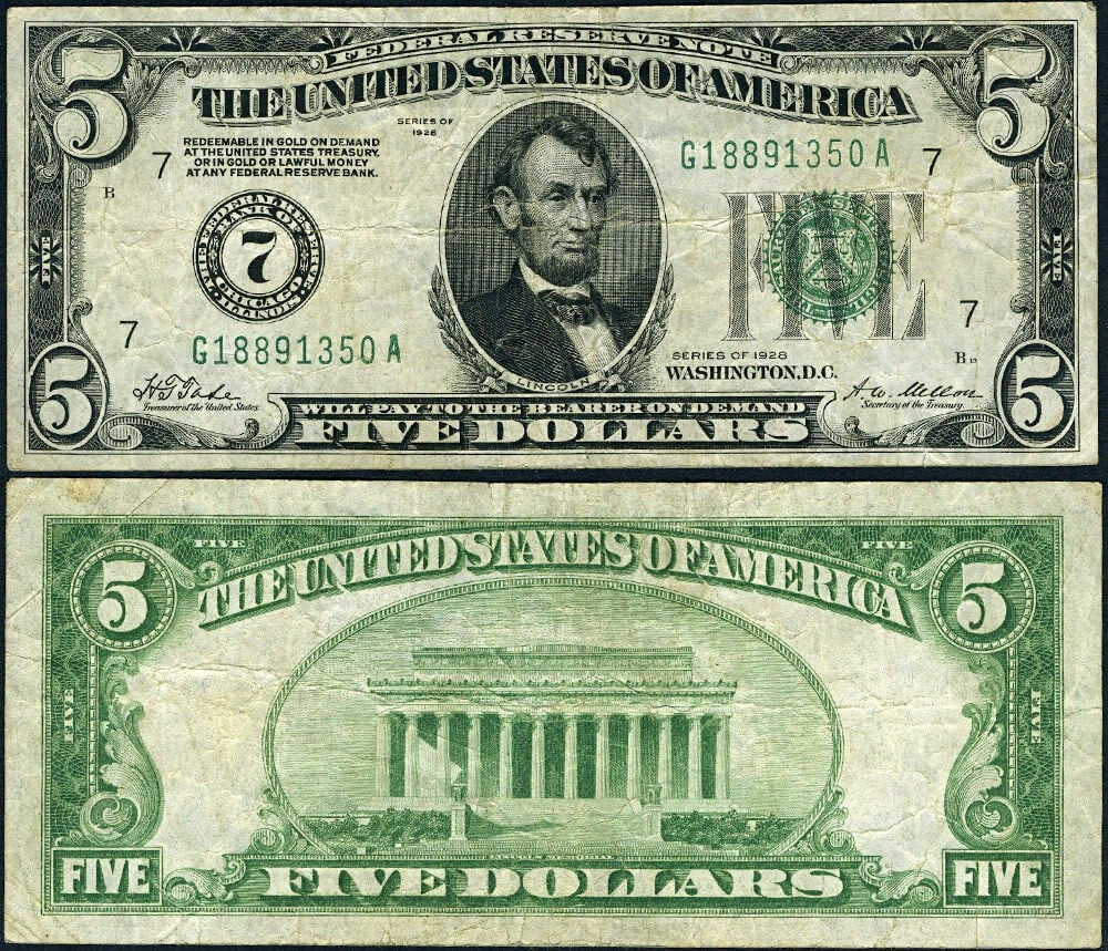 1928 $5 Federal Reserve Note Chicago G-A Block Circulated VF+: 1928 $5 Federal Reserve Note Chicago G-A Block Circulated VF+ This 1928 Federal Reserve Note features a denomination of $5 and is part of the Chicago G-A Block. The note is classified as circulated an