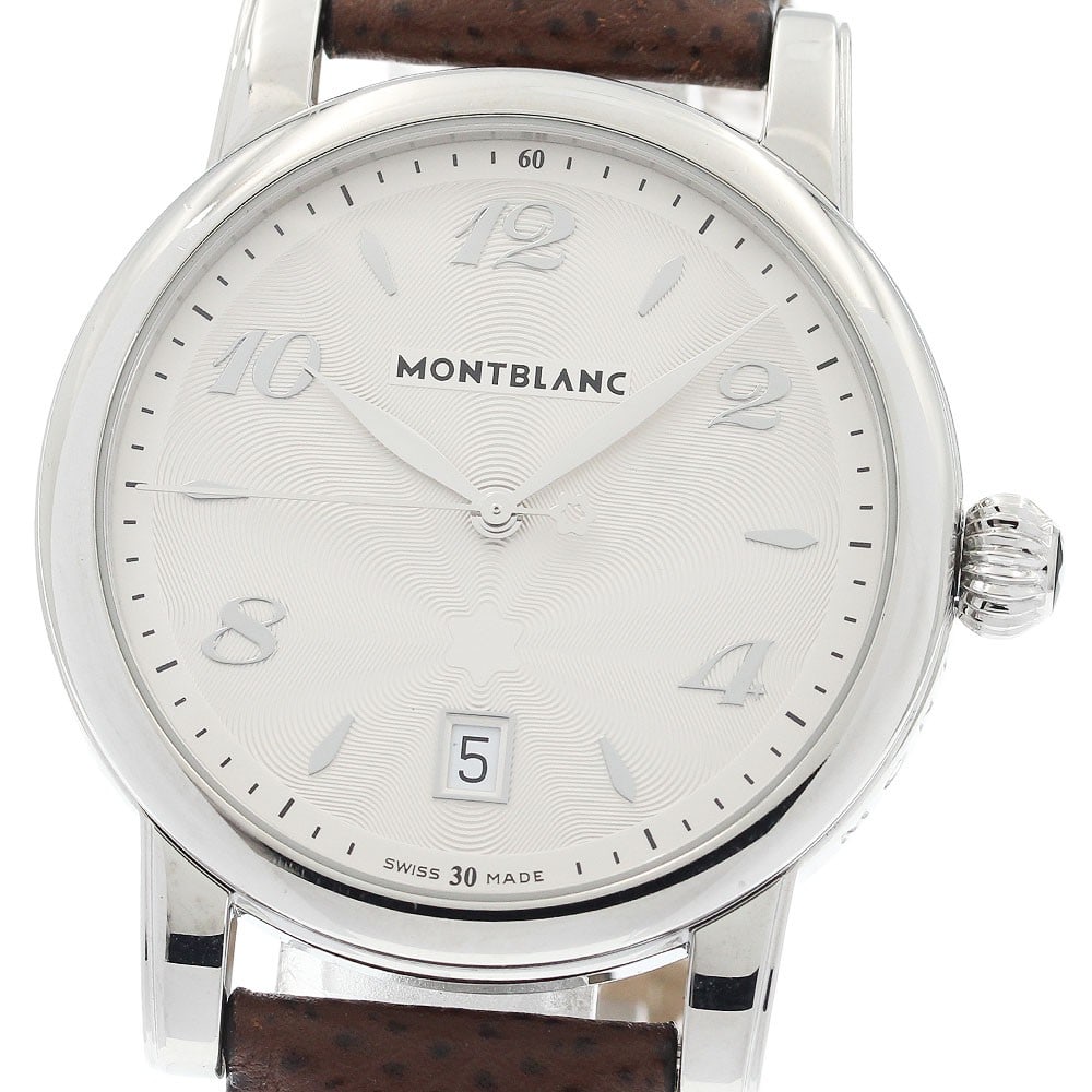 Montblanc Meisterstuck Star Date quartz men's wristwatch 7189: Montblanc Meisterstuck Star Date quartz men's wristwatch 7189 This Montblanc Meisterstuck Star Date men's wristwatch features a stainless steel case and a silver dial, complemented by a leather band. 