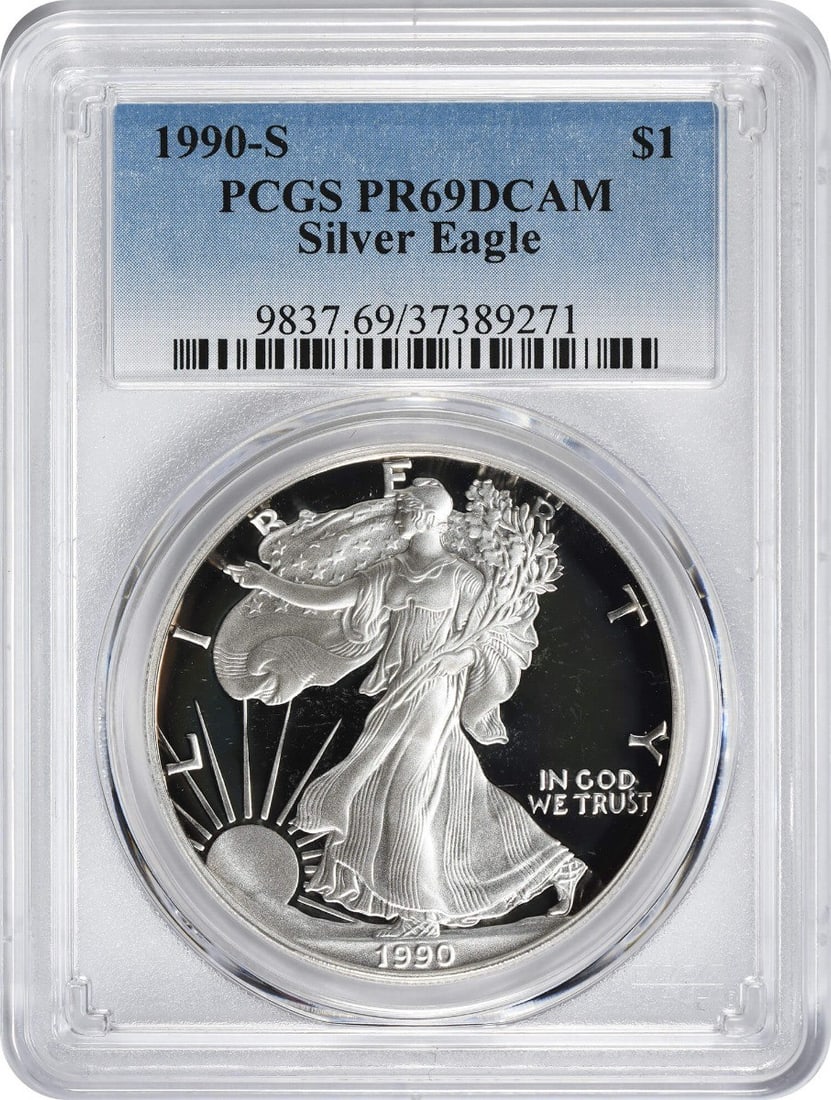 1990-S American Silver Eagle Dollar PR69DCAM PCGS Proof Coin 1 oz Silver: 1990-S American Silver Eagle Dollar PR69DCAM PCGS Proof Coin 1 oz Silver This 1990-S American Silver Eagle Dollar is a stunning example of the iconic coin, certified by PCGS with a grade of PR69 Deep 