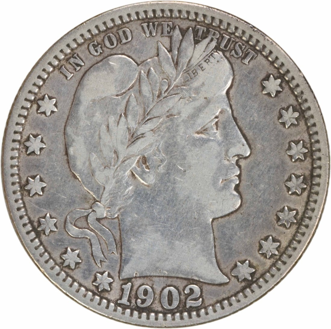1902-O Barber Quarter 90% Silver VF Uncertified: 1902-O Barber Quarter 90% Silver VF Uncertified This 1902-O Barber Silver Quarter is a notable piece of American numismatic history, featuring the classic design by Charles E. Barber. The coin, minted