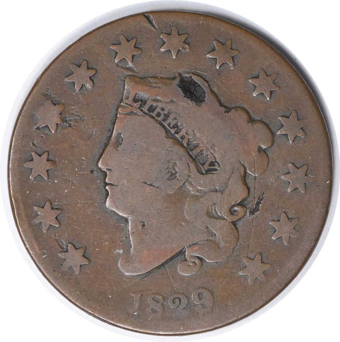1829 Coronet Head Copper Large Cent N-7 Good: 1829 Coronet Head Copper Large Cent N-7 Good This is an 1829 Coronet Head Large Cent from the United States. Struck in copper, this circulated coin is graded G (Good) and remains uncertified. The coin