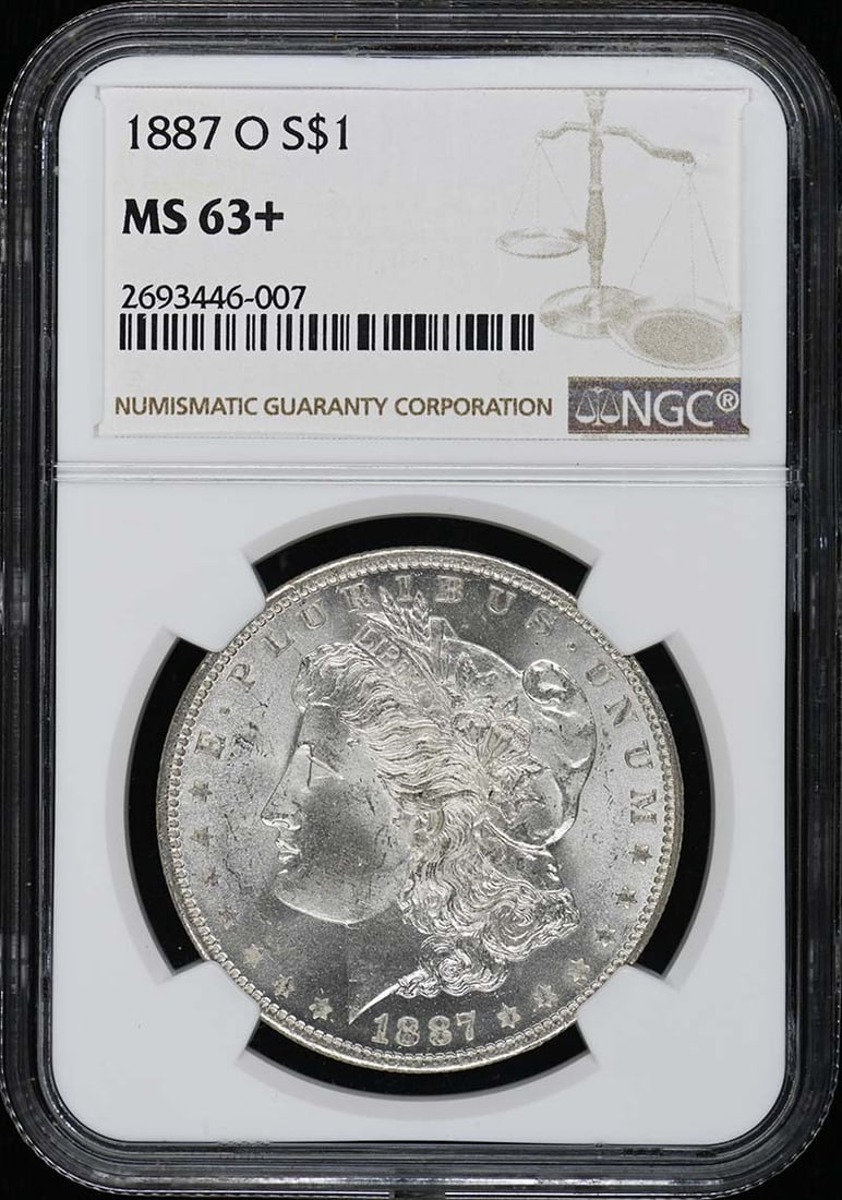 NGC MS63 1887-O New Orleans Morgan Silver Dollar: NGC MS63 1887-O New Orleans Morgan Silver Dollar This is an 1887-O Morgan Dollar graded MS63+ by NGC. Minted in New Orleans, this uncirculated coin is a pre-owned example of the classic Morgan Dollar 