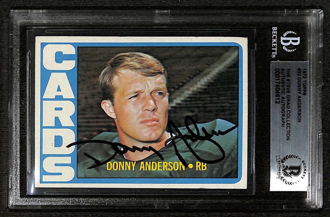 Donny Anderson 1972 Topps #32 Signed Card Beckett Authenticated: Donny Anderson 1972 Topps #32 Signed Card Beckett Authenticated This is an authentic signed trading card of Donny Anderson from the 1972 Topps set, featuring card number 32. The card is encapsulated f
