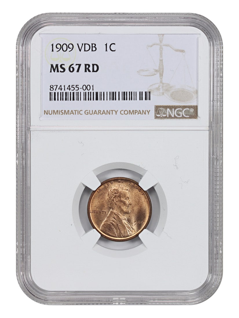 NGC MS67RD 1909 VDB Lincoln Wheat Cent: NGC MS67RD 1909 VDB Lincoln Wheat Cent This 1909 VDB Lincoln Cent (Wheat Reverse) is a highly sought-after first-year issue featuring the designer's initials, VDB, on the reverse. Graded MS67RD by NGC