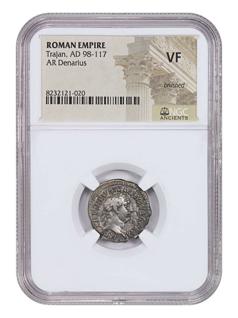 Trajan Ancient Roman AR Denarius VF Brushed: Trajan Ancient Roman AR Denarius VF Brushed This Ancient Roman AR Denarius was minted during the reign of Emperor Trajan (AD 98-117). It offers a tangible connection to the Roman Empire's expansive hi