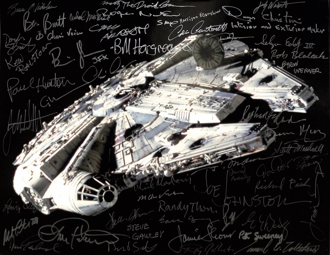 Millennium Falcon 11x14 Photo Signed by 48 Production Team Members Beckett Authenticated: Millennium Falcon 11x14 Photo Signed by 48 Production Team Members Beckett Authenticated This is an original black and white 11x14 photograph featuring the Millennium Falcon from Star Wars, autographe