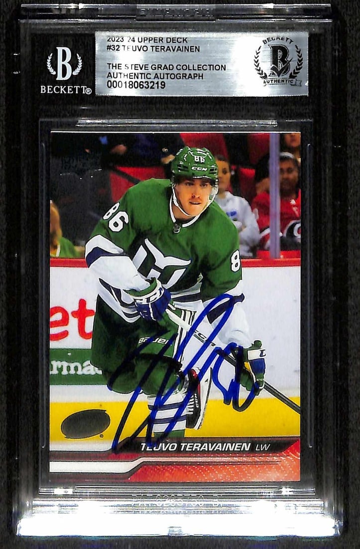 Teuvo Teravainen Signed 2023-24 Upper Deck #32 Whalers Beckett Authenticated NHL Card: Teuvo Teravainen Signed 2023-24 Upper Deck #32 Whalers Beckett Authenticated NHL Card This premium 2023-24 Upper Deck #32 Teuvo Teravainen hockey card captures the talented winger in action, showcasin
