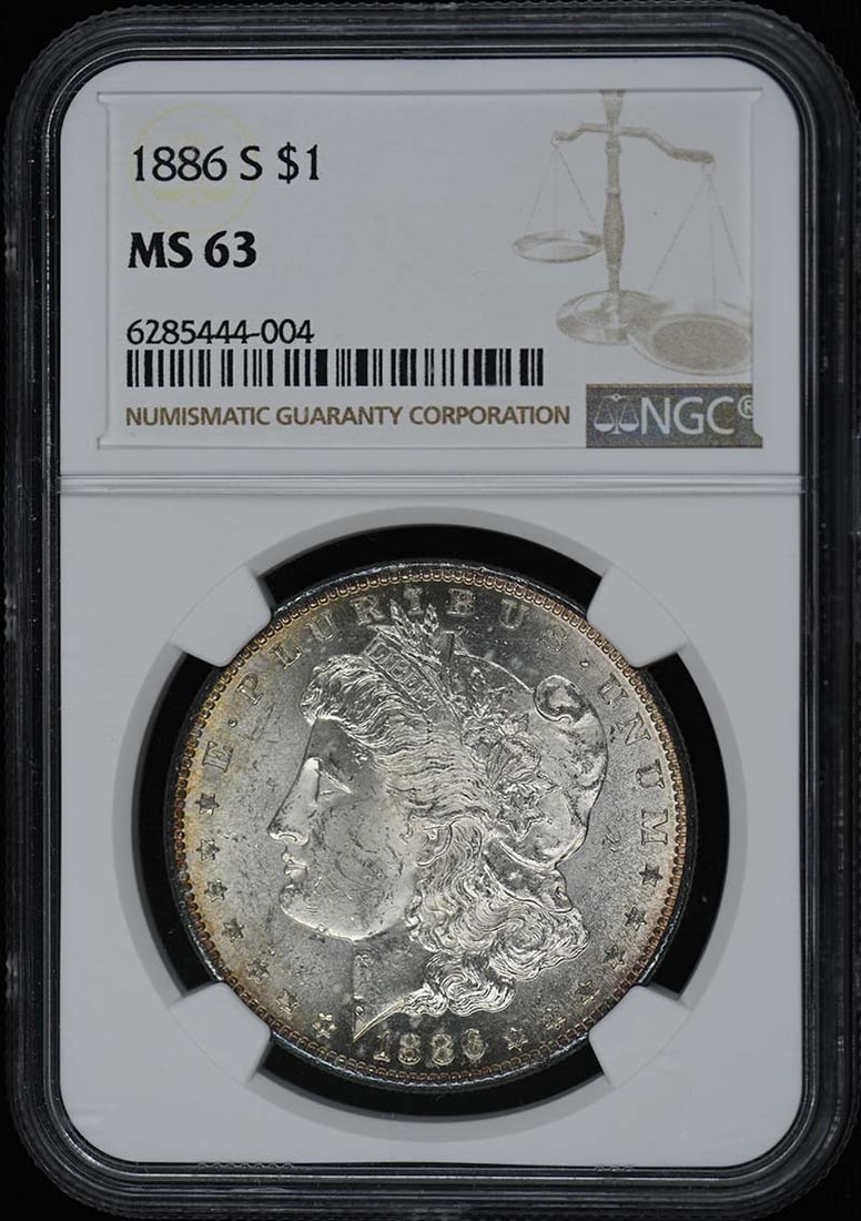 1886-S Morgan Dollar NGC MS63 Uncirculated Coin: 1886-S Morgan Dollar NGC MS63 Uncirculated Coin This 1886-S Morgan Dollar is a stunning piece certified by NGC with a grade of MS63, indicating its uncirculated condition. Minted in San Francisco, thi