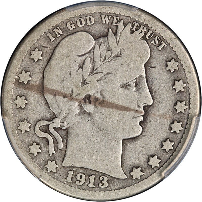1913-S Barber Quarter PCGS VG08 Key Date Silver Coin: 1913-S Barber Quarter PCGS VG08 Key Date Silver Coin This original 1913-S Barber Quarter is a key date coin, certified by PCGS with a grade of VG08. It features decent eye appeal and a nice strike, sh