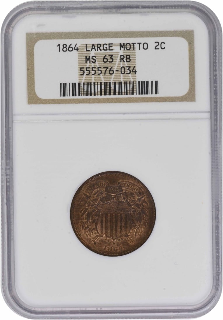 1864 Large Motto Two Cent Bronze Coin ANACS MS63RB Certified: 1864 Large Motto Two Cent Bronze Coin ANACS MS63RB Certified This 1864 Two Cent Piece features the Large Motto design and is graded MS63RB by ANACS. Struck in bronze at the Philadelphia Mint, this unc