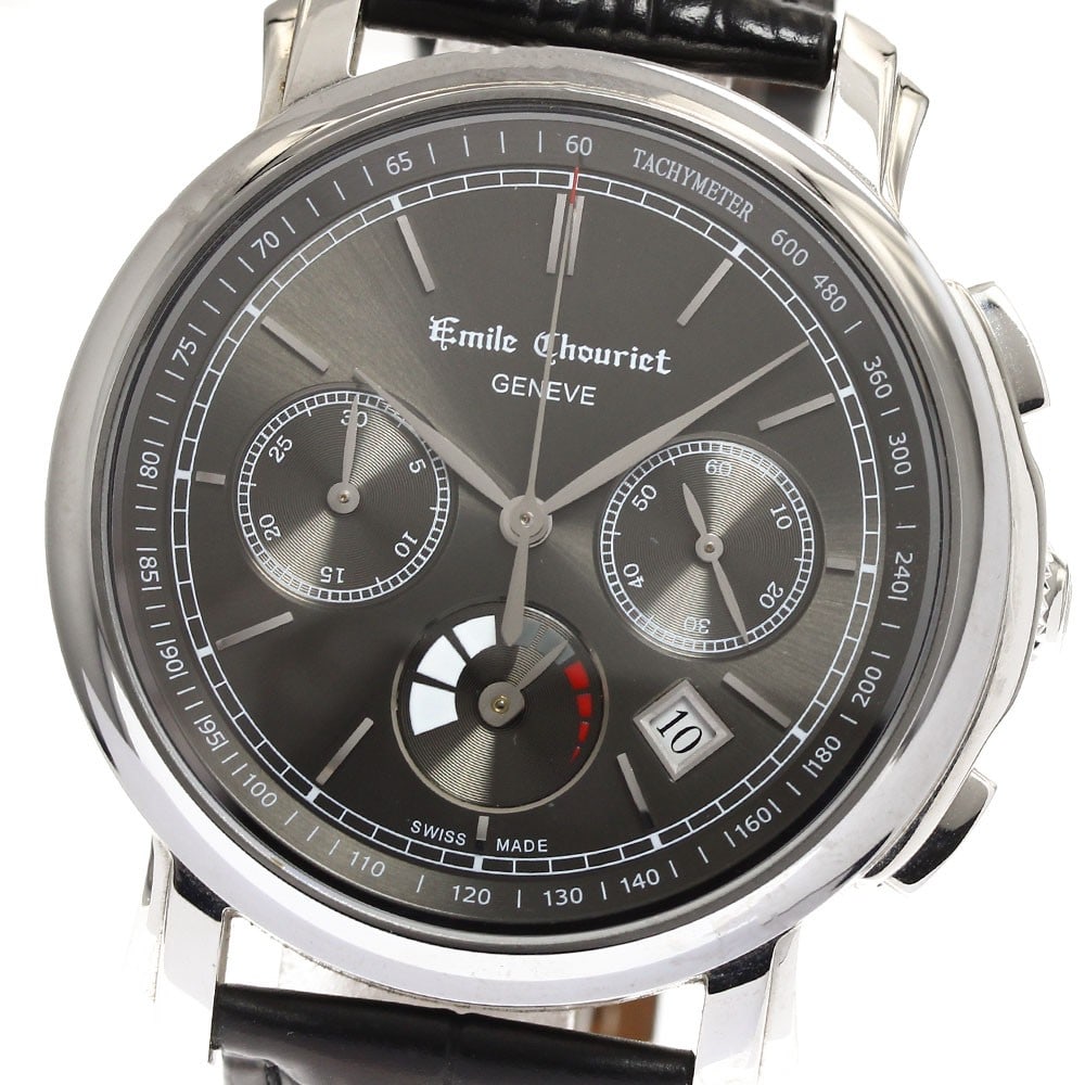 Emile Chouriet LAC LEMAN Automatic Chronograph Date Men's Wristwatch: Emile Chouriet LAC LEMAN Automatic Chronograph Date Men's Wristwatch This Emile Chouriet LAC LEMAN men's wristwatch features a stainless steel case paired with a leather strap and a gray dial. The wat