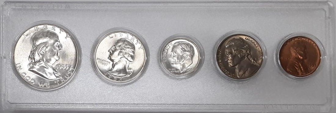 1953 Uncirculated 15-Coin US Mint Set with Silver Half Quarter Dime in Whitman Holders: 1953 Uncirculated 15-Coin US Mint Set with Silver Half Quarter Dime in Whitman Holders This 1953 year set features 15 uncirculated coins from the United States, including cent through half dollar deno