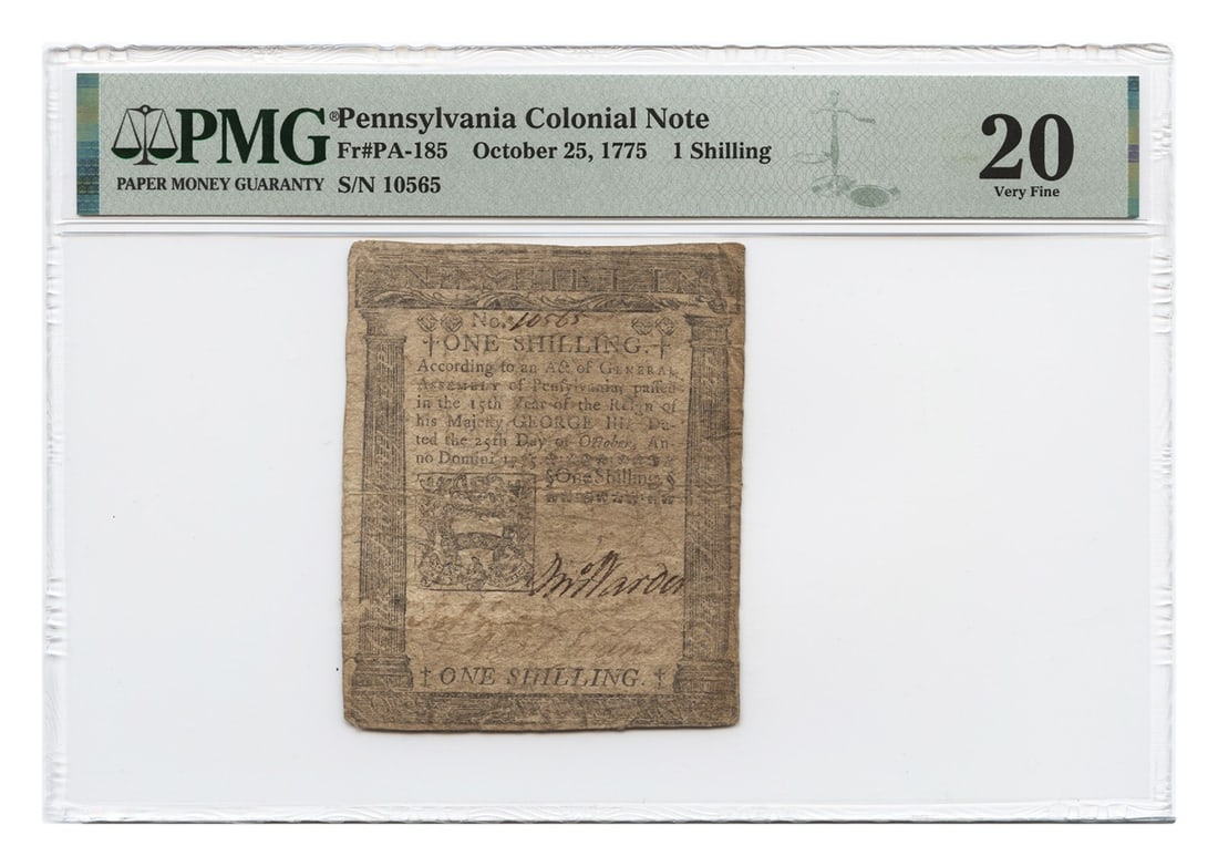 PMG VF20 1775 Pennsylvania 1 Shilling Colonial Note: PMG VF20 1775 Pennsylvania 1 Shilling Colonial Note This Pennsylvania Colonial Note features a denomination of 1 Shilling and is dated October 25, 1775. It is certified by PMG with a grade of VF20, in