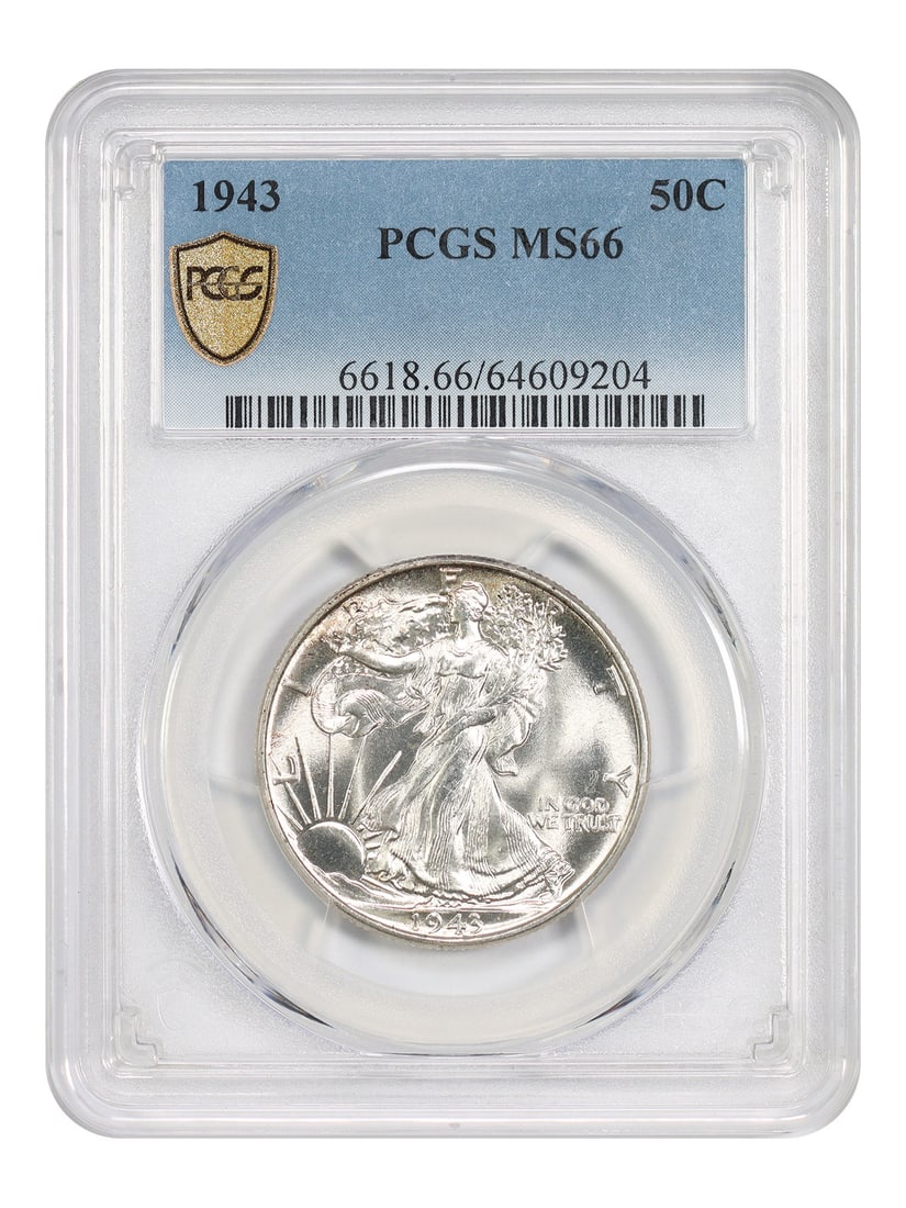 PCGS MS66 1943 Philadelphia Walking Liberty 50C Half Dollar: PCGS MS66 1943 Philadelphia Walking Liberty 50C Half Dollar This 1943 Walking Liberty Half Dollar is graded MS66 by PCGS, indicating an uncirculated coin in excellent condition. Struck in Philadelphia