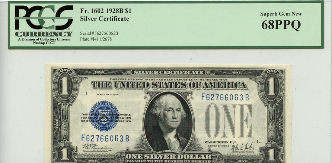 1928B $1 Silver Certificate Blue Seal PCGS MS68 Gem Uncirculated: 1928B $1 Silver Certificate Blue Seal PCGS MS68 Gem Uncirculated This stunning 1928B $1 Silver Certificate features a blue seal and is graded as a Superb Gem 68 by PCGS Currency, making it a remarkabl