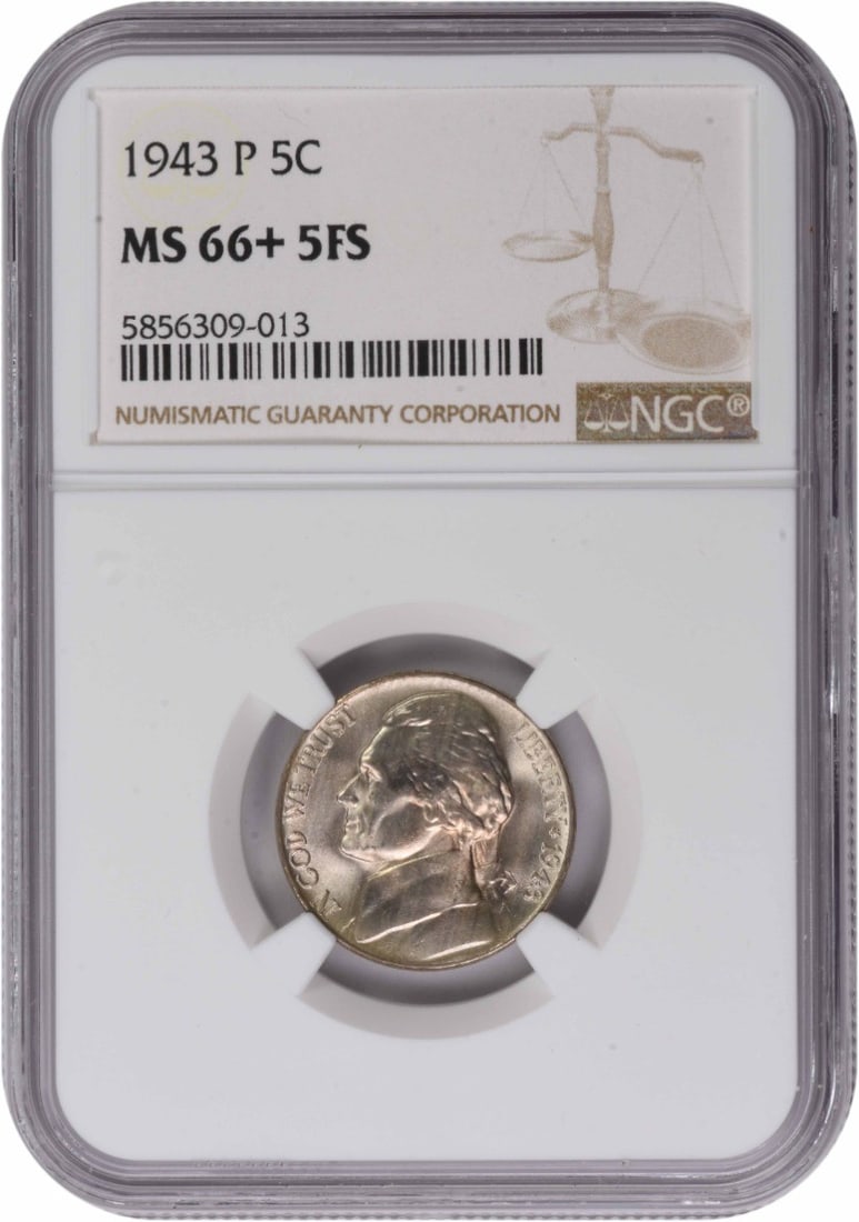 1943 Philadelphia Jefferson Nickel NGC MS66+ 5 Full Steps: 1943 Philadelphia Jefferson Nickel NGC MS66+ 5 Full Steps This is a 1943-P Jefferson Nickel graded MS66+ with 5 Full Steps by NGC. Struck at the Philadelphia Mint, this uncirculated coin features a co