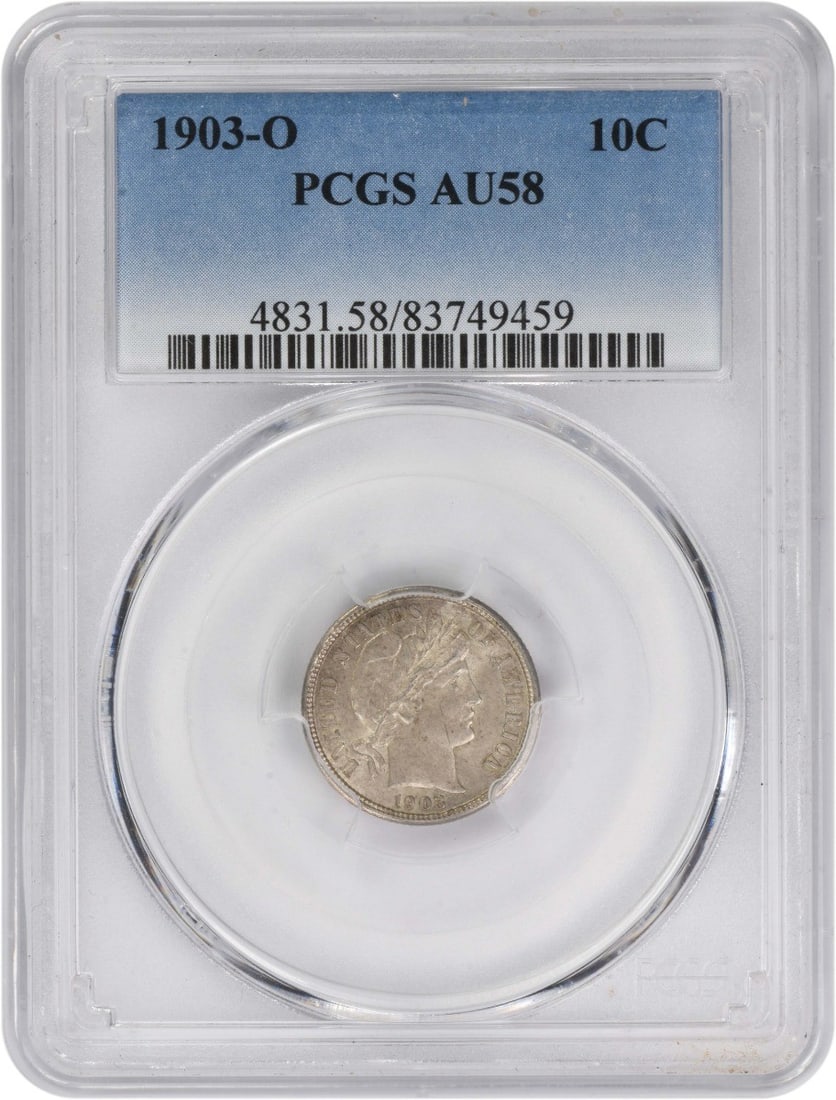 PCGS AU58 1903 O Barber 10C Silver Dime: PCGS AU58 1903 O Barber 10C Silver Dime This 1903-O Barber Silver Dime is graded AU58 by PCGS. Struck in silver, this Barber Dime originates from the New Orleans Mint and is part of the classic Barber