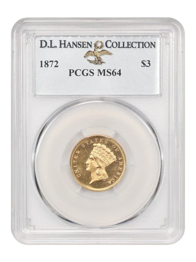 1872 $3 Gold Coin PCGS MS64 Limited Mintage 2000 Pieces: 1872 $3 Gold Coin PCGS MS64 Limited Mintage 2000 Pieces This 1872 $3 gold coin, certified by PCGS with a grade of MS64, is an exceptional example from a limited mintage of only 2,000 pieces struck at 