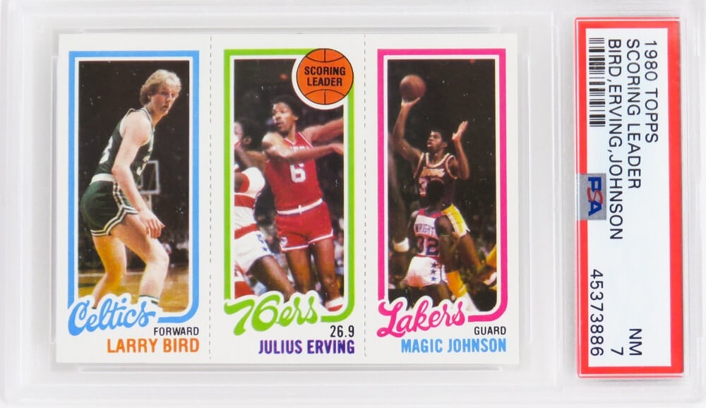 1980 Topps Larry Bird Magic Johnson Erving Scoring Leaders Card PSA 7: 1980 Topps Larry Bird Magic Johnson Erving Scoring Leaders Card PSA 7 Presenting the 1980 Topps Scoring Leaders card featuring basketball legends Larry Bird, Magic Johnson, and Julius Erving. This hig