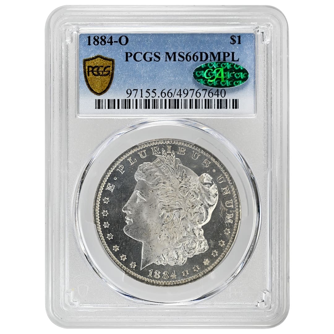 PCGS CAC MS66DMPL 1884-O Morgan Silver Dollar: PCGS CAC MS66DMPL 1884-O Morgan Silver Dollar This is an 1884-O Morgan Silver Dollar from the United States, graded MS66DMPL by PCGS and approved by CAC. The coin is uncirculated and was minted in New