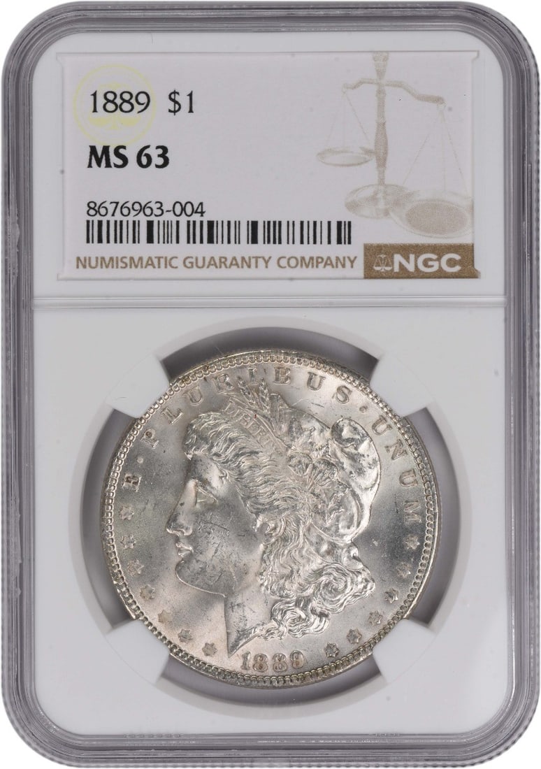 MS63 1889 Philadelphia Morgan Dollar NGC Certified 90 Percent Silver Coin: MS63 1889 Philadelphia Morgan Dollar NGC Certified 90 Percent Silver Coin This 1889 Morgan Silver Dollar is graded MS63 by NGC and was struck at the Philadelphia Mint. Composed of 90% silver and 10% c