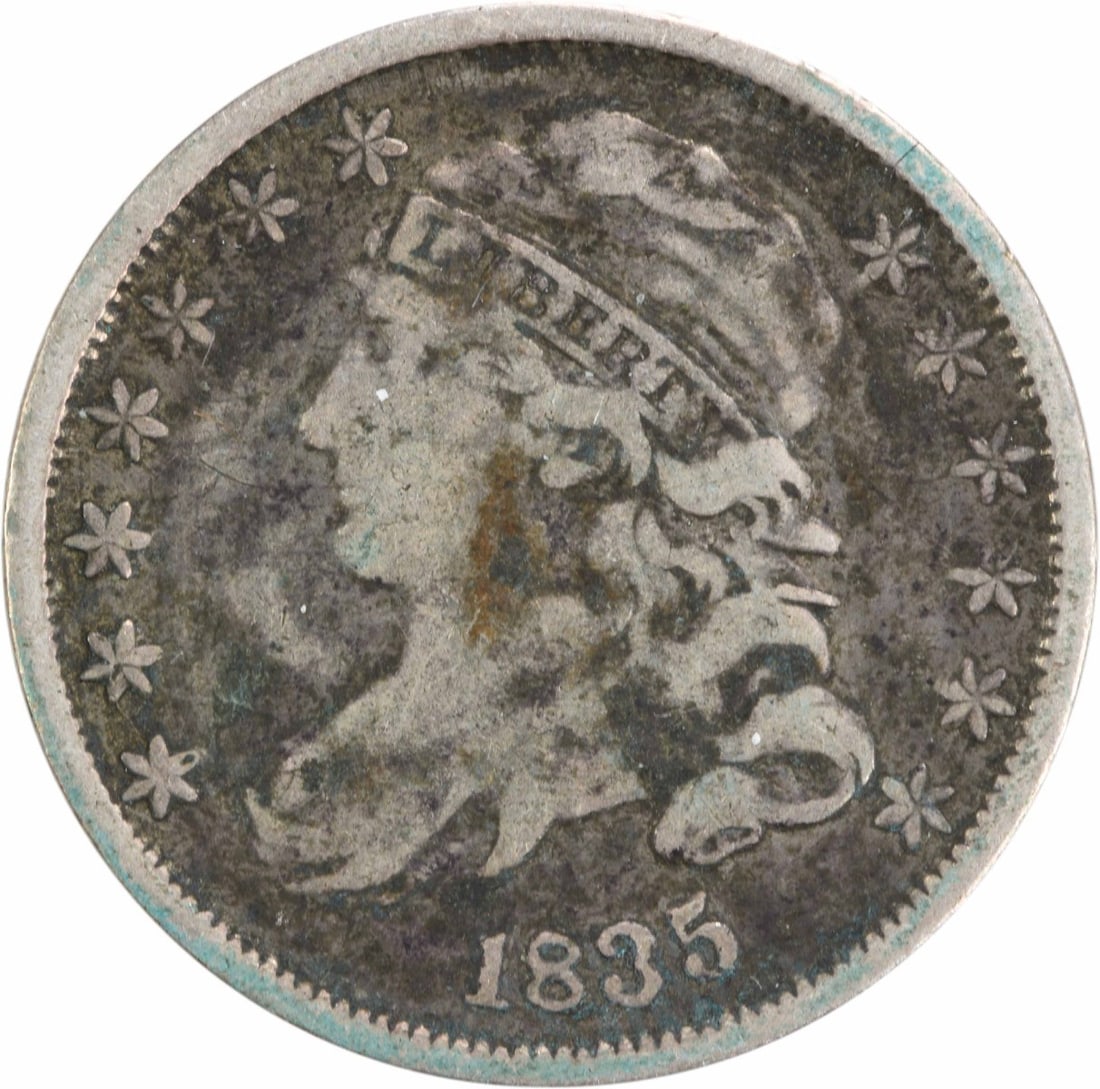 1835 Capped Bust Silver Dime 10C Uncertified Philadelphia Mint: 1835 Capped Bust Silver Dime 10C Uncertified Philadelphia Mint This 1835 Capped Bust Silver Dime is a classic piece of numismatic history. Struck in Philadelphia, this circulated coin showcases a deno
