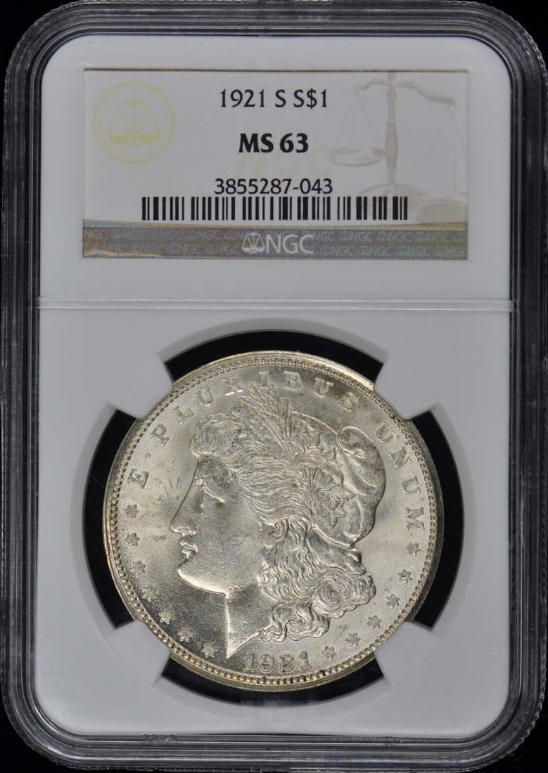 1921-S Morgan Dollar NGC MS63 Uncirculated Coin: 1921-S Morgan Dollar NGC MS63 Uncirculated Coin This 1921-S Morgan Dollar is graded MS63 by NGC, indicating it is in uncirculated condition. Minted in San Francisco, this coin is a notable collectible