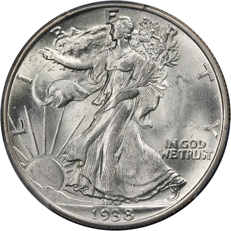PCGS MS65 1938 P Walking Liberty Half Silver Dollar: PCGS MS65 1938 P Walking Liberty Half Silver Dollar This 1938-P Walking Liberty Half Dollar is graded MS65 by PCGS, indicating it is in uncirculated condition with superb eye appeal, fantastic luster,