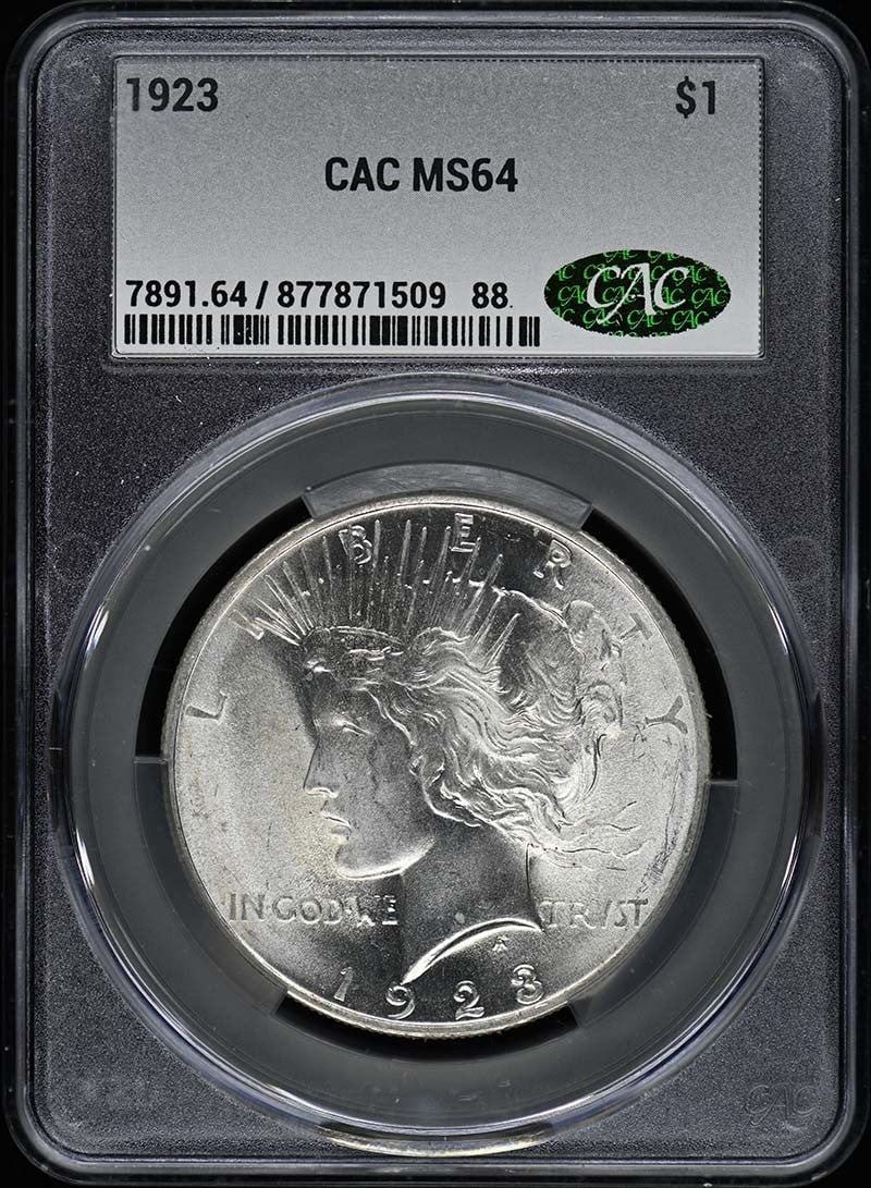 1923 Peace Dollar CACG MS64 Uncirculated Philadelphia Mint: 1923 Peace Dollar CACG MS64 Uncirculated Philadelphia Mint This 1923 Peace Dollar, graded MS64, is a stunning example of American coinage. It features exceptional details and a lustrous finish, signif