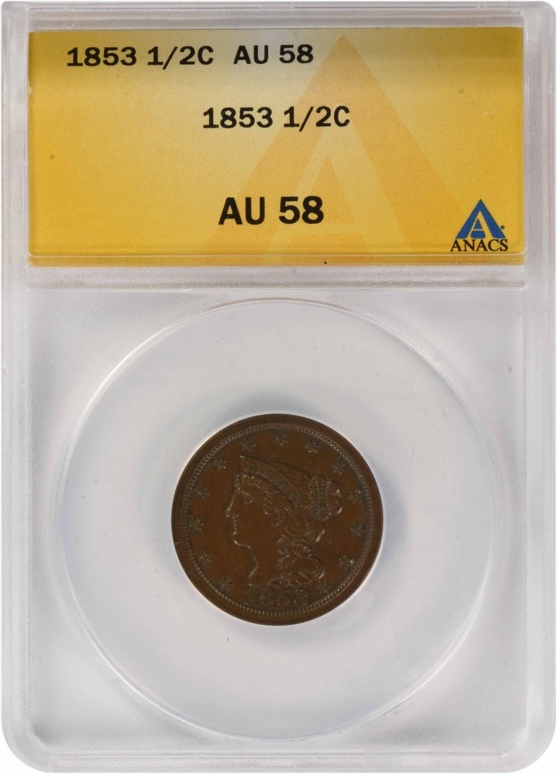 1853 Braided Hair Half Cent Copper Coin AU58 ANACS Certified (1 of 2)