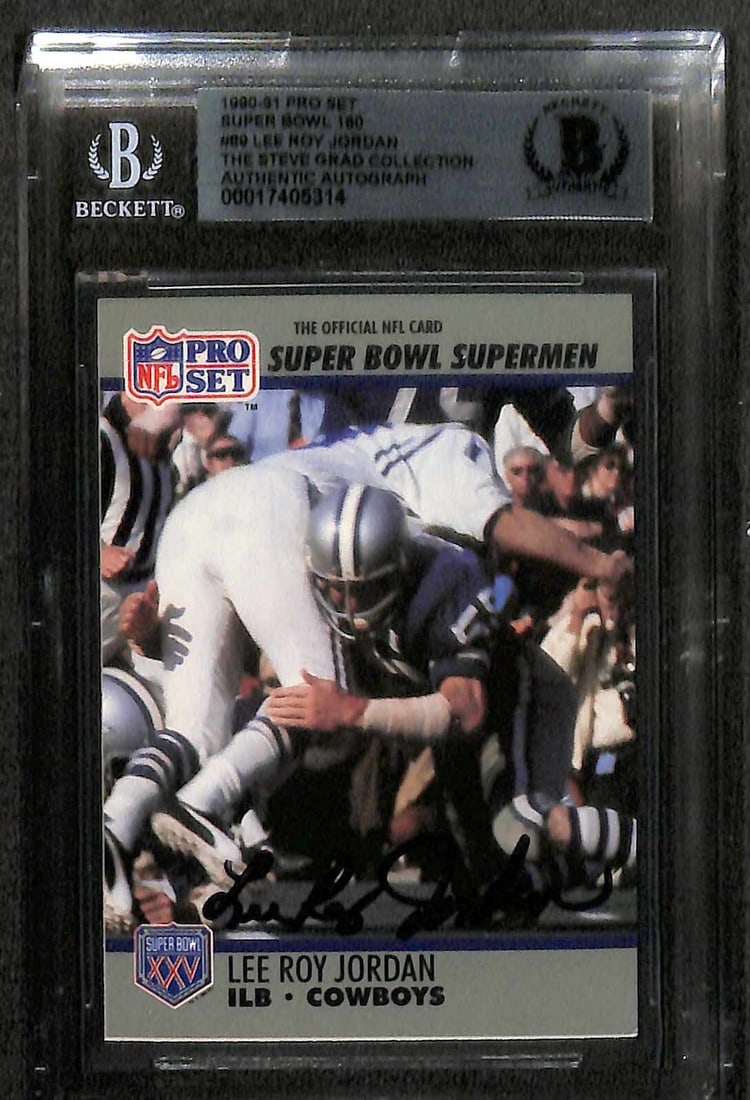 Lee Roy Jordan Signed 1990-91 Pro Set Super Bowl 160 #89 Card Beckett Authenticated: Lee Roy Jordan Signed 1990-91 Pro Set Super Bowl 160 #89 Card Beckett Authenticated This autographed sports trading card features Lee Roy Jordan, a legendary linebacker for the Dallas Cowboys. It belo
