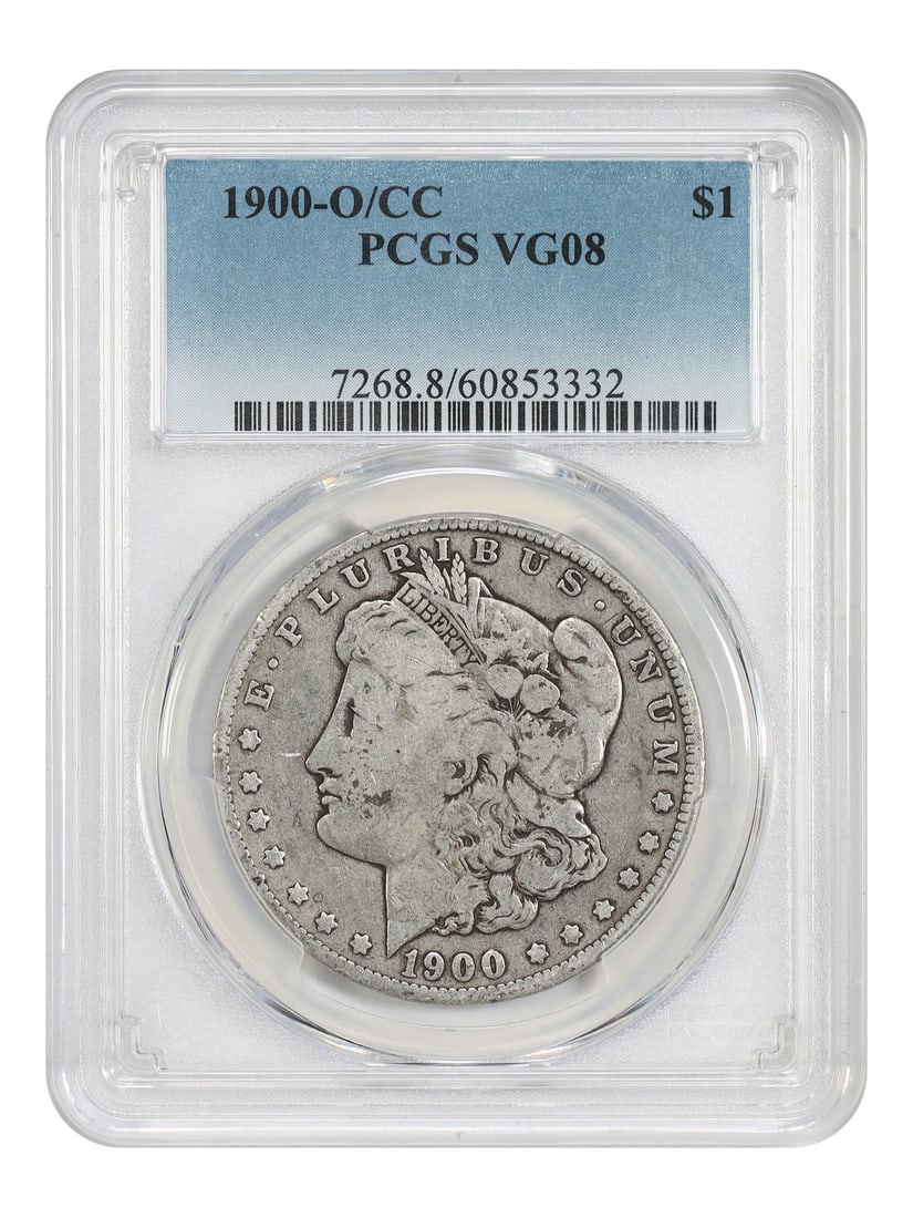 1900-O CC Morgan Silver Dollar PCGS VG08: 1900-O CC Morgan Silver Dollar PCGS VG08 This is a 1900-O/CC Morgan Dollar with a denomination of $1, minted in New Orleans. The coin is certified by PCGS and is in pre-owned condition. Specifications