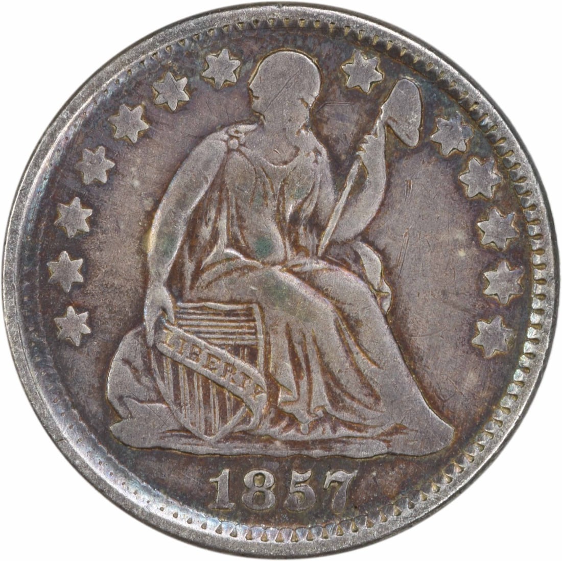 1857 Liberty Seated Half Dime 90% Silver Uncertified: 1857 Liberty Seated Half Dime 90% Silver Uncertified This 1857 Liberty Seated Silver Half Dime is a remarkable piece of American numismatic history. Struck at the Philadelphia mint, this coin features