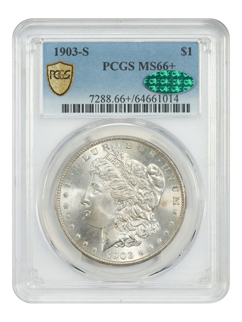 1903-S Morgan Dollar PCGS CAC MS66 Plus: 1903-S Morgan Dollar PCGS CAC MS66 Plus This 1903-S Morgan Dollar is graded MS66+ by PCGS and features CAC approval, marking it as a premium gem example from a scarce date. Struck in San Francisco, th