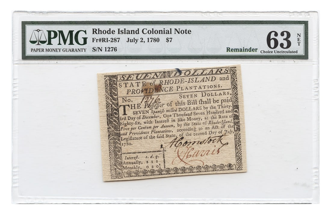 $7 Rhode Island Colonial Currency PMG Choice UNC63 July 7 1780: $7 Rhode Island Colonial Currency PMG Choice UNC63 July 7 1780 This $7 Rhode Island Colonial Currency note, dated July 7, 1780, is a remarkable piece of early American history. Graded PMG Choice UNC63