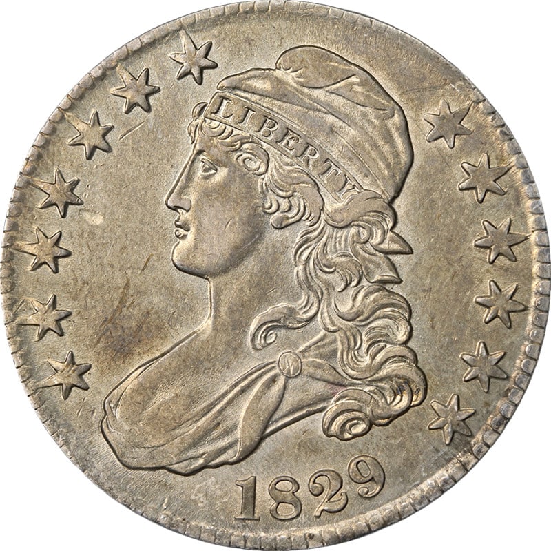 1829 Capped Bust Silver Half Dollar 0-103 R.1 Choice AU BU: 1829 Capped Bust Silver Half Dollar 0-103 R.1 Choice AU BU This 1829 Capped Bust Half Dollar is a silver coin from the United States, graded Choice About Uncirculated to Brilliant Uncirculated (AU/BU)