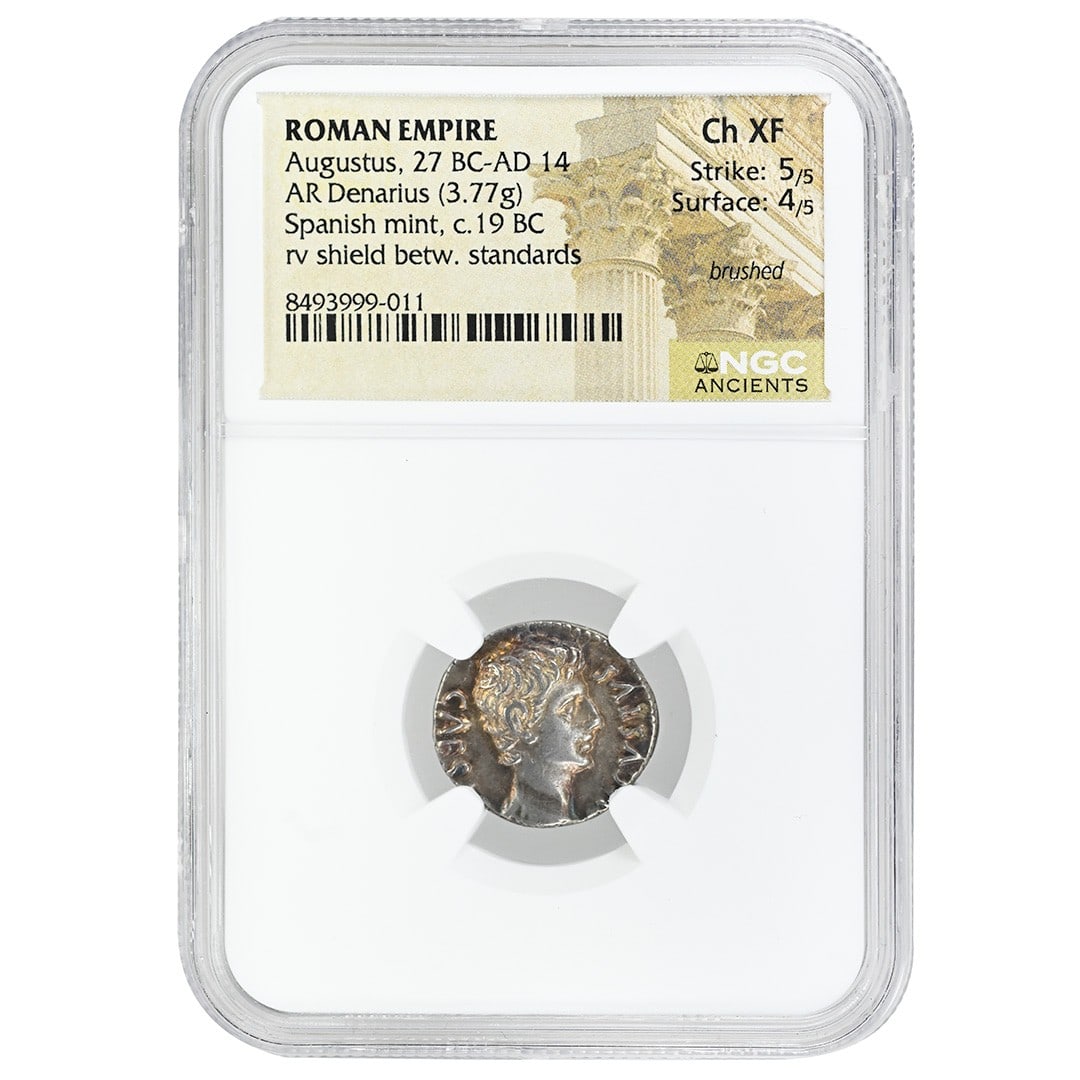 NGC Certified Augustus Silver AR Denarius Roman Empire: NGC Certified Augustus Silver AR Denarius Roman Empire This Roman Empire AR Denarius features Augustus, who ruled from 27 BC to AD 14. The coin is composed of silver and is graded as Choice Extremely 