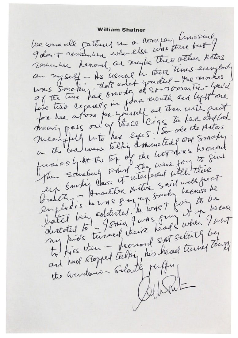 William Shatner Signed 7.25x10.5 Essay on Personal Letterhead BAS A71925: William Shatner Signed 7.25x10.5 Essay on Personal Letterhead BAS A71925 This authentic 7.25x10.5 single-page essay on personal letterhead is personally signed by William Shatner and reflects on a poi