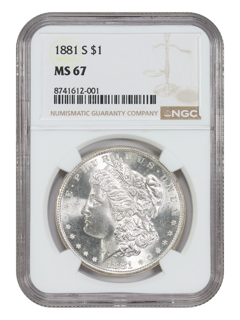 NGC MS67 1881-S Morgan Silver Dollar High Grade San Francisco Mint: NGC MS67 1881-S Morgan Silver Dollar High Grade San Francisco Mint This 1881-S Morgan Dollar is certified by NGC with a grade of MS67, indicating a superb uncirculated condition. Minted in San Francis