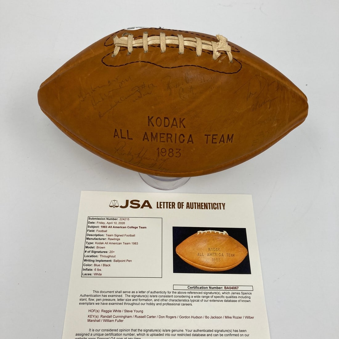 1983 All American Team signed football JSA 25 signatures Bo Jackson Reggie White: 1983 All American Team signed football JSA 25 signatures Bo Jackson Reggie White This is an original football signed by members of the 1983 All American Team, featuring 25 signatures including notable