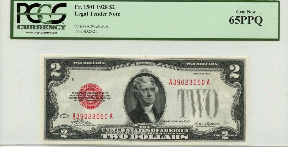 PCGS MS65 1928 Two Dollar Legal Tender Note FR1501 Red Seal: PCGS MS65 1928 Two Dollar Legal Tender Note FR1501 Red Seal This is a 1928 $2 Legal Tender Note, Type FR#1501, graded Gem 65 PPQ by PCGS Currency. The note is uncirculated and has been certified for i