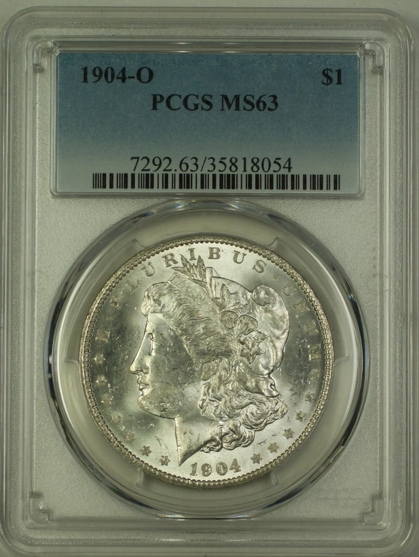 PCGS MS63 1904-O Morgan Dollar Silver Coin: PCGS MS63 1904-O Morgan Dollar Silver Coin This 1904-O Morgan Silver Dollar is certified by PCGS with a grade of MS-63. Struck in New Orleans, this uncirculated coin is composed of silver and features