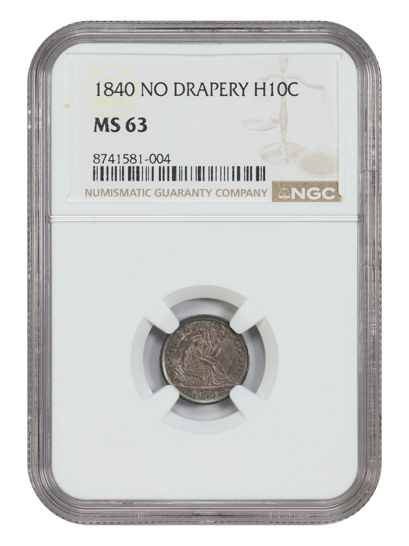 NGC MS63 1840 Liberty Seated Half Dime No Drapery: NGC MS63 1840 Liberty Seated Half Dime No Drapery This 1840 Liberty Seated Half Dime features the 'No Drapery' variety and is graded MS63 by NGC. Struck in Philadelphia, this uncirculated coin is part