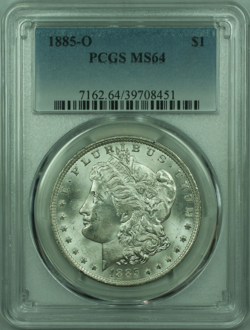 PCGS MS-64 1885-O Morgan Dollar Silver Coin: PCGS MS-64 1885-O Morgan Dollar Silver Coin This is an 1885-O Morgan Silver Dollar graded MS-64 by PCGS. The coin is uncirculated and features a silver composition with a fineness of 0.9. Minted in Ne