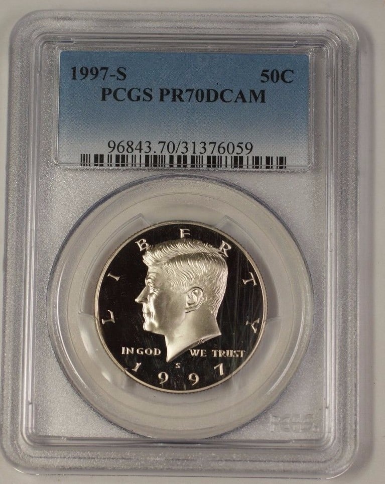 PCGS PR70 DCAM 1997-S Kennedy Proof Clad Half Dollar San Francisco: PCGS PR70 DCAM 1997-S Kennedy Proof Clad Half Dollar San Francisco This is a 1997-S United States Kennedy Half Dollar with a clad composition. The coin is graded PR 70 Deep Cameo (DCAM) by PCGS, indic