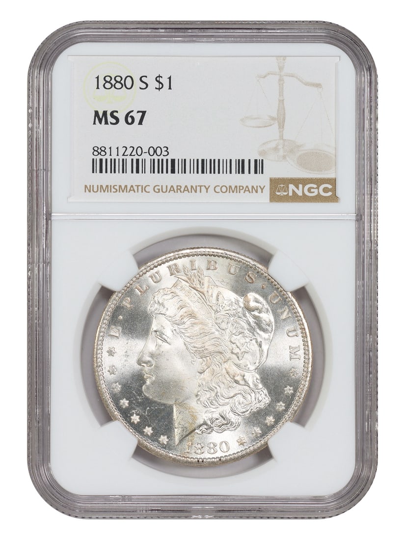 NGC MS67 1880-S Morgan Silver Dollar San Francisco: NGC MS67 1880-S Morgan Silver Dollar San Francisco This 1880-S Morgan Dollar is graded MS67 by NGC and comes from the popular San Francisco mint. Known for its consistently crisp strike, the 1880-S is