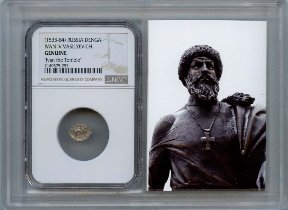 NGC MS60 Certified Ivan IV Russian Denga Coin: NGC MS60 Certified Ivan IV Russian Denga Coin This is a Russia Ivan IV Vasilyevich Denga coin, certified by NGC with a grade of MS60. The coin is pre-owned and originates from Russia. Specifications C